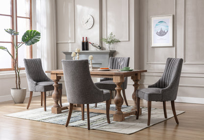 Exquisite Gray Linen Fabric Upholstered Strip Back Dining Chair with Solid Wood Legs 2 Pcs