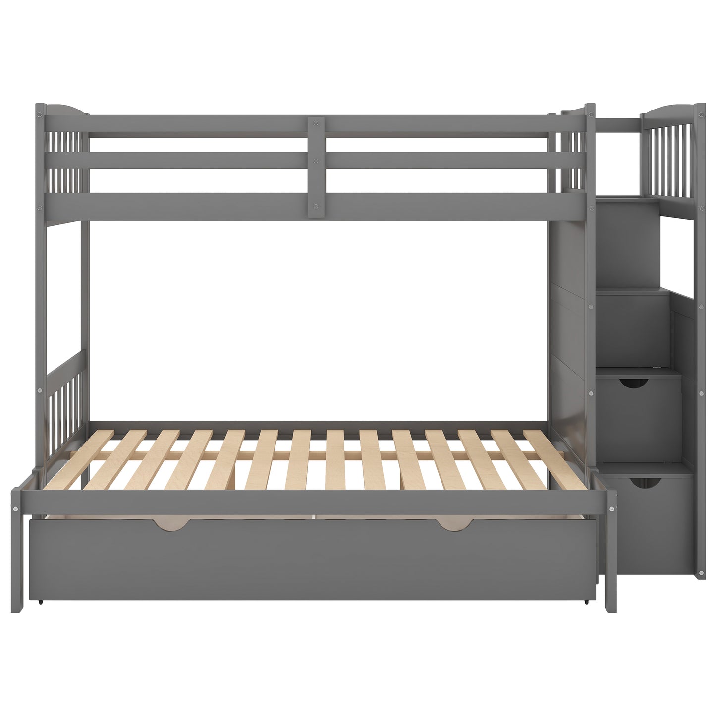 Twin over Full/Twin Bunk Bed, Convertible Bottom Bed, Storage Shelves and Drawers, Gray