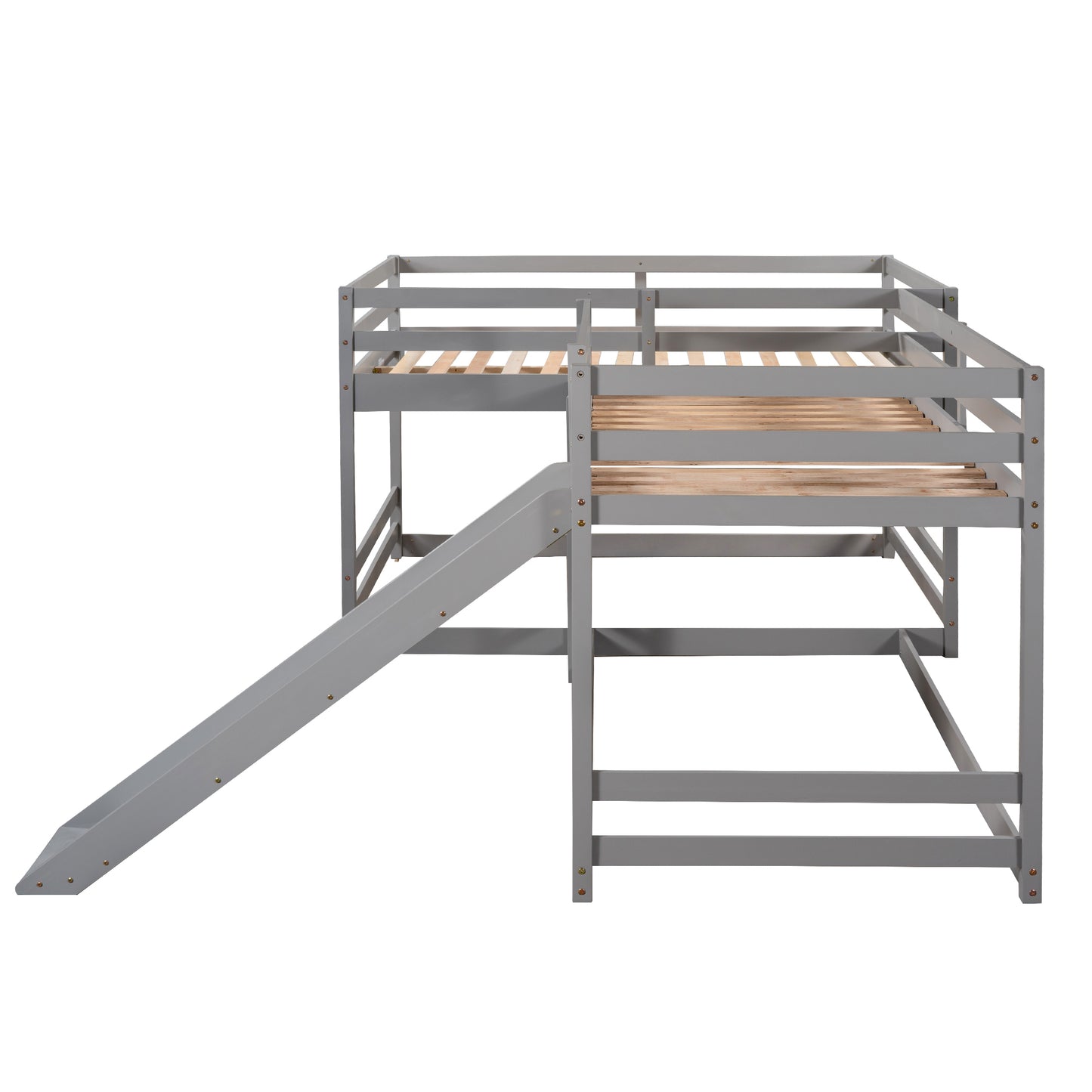 Full and Twin Size L-Shaped Bunk Bed with Slide and Short Ladder,Gray