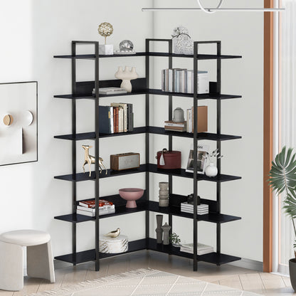 74.8 Inch Bookshelf L-shape MDF Boards Stainless Steel Frame Corner 6-tier Shelves Adjustable Foot Pads, Black