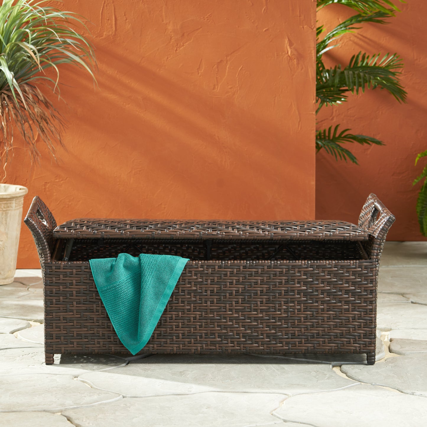 Izidora Outdoor Brown Wicker Storage Ottoman