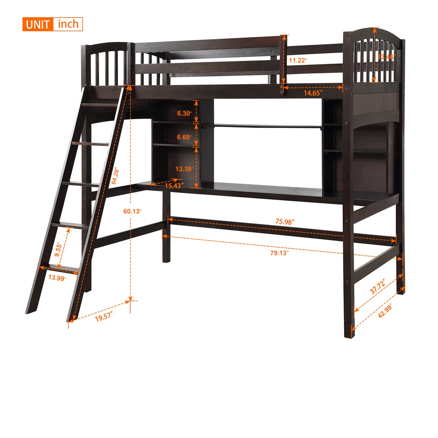 Twin size Loft Bed with Storage Shelves, Desk and Ladder, Espresso(OLD SKU :LP000140PAA)