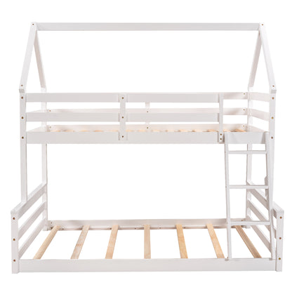 Twin over Full House Bunk Bed with Built-in Ladder,White