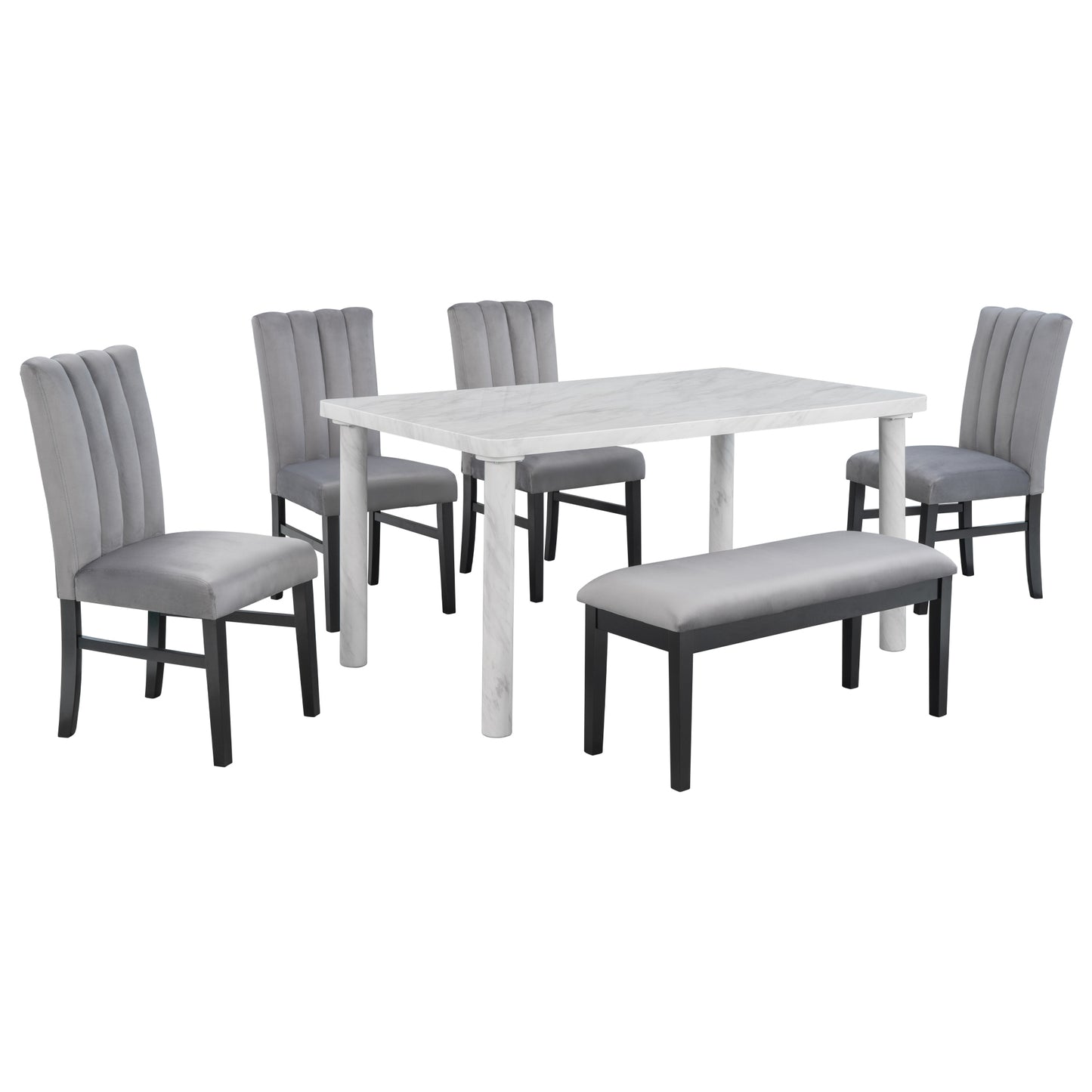 TREXM 6-Piece Dining Table Set with Marble Veneer Table and 4 Flannelette Upholstered Dining Chairs & Bench (White+Gray)