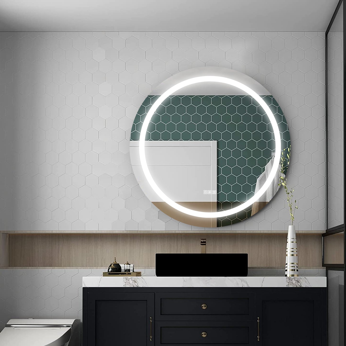 24 Inch LED Round Bathroom Mirror, anti-Fog & Dimming Led Bathroom Vanity Mirror