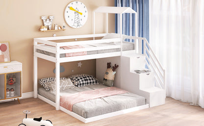 Twin over Full House Roof Bunk Bed with Staircase and Shelves, White