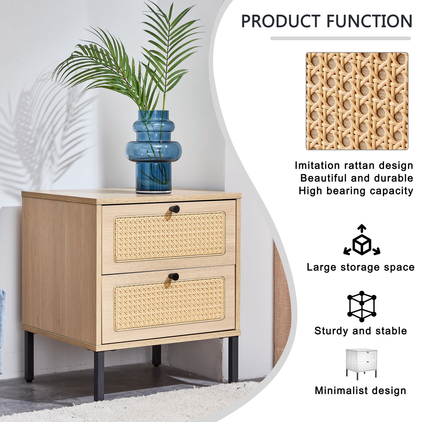 Modern simple storage cabinet MDF Board bedside cabinet Japanese rattan bedside cabinet Small household furniture bedside table.Applicable to dressing table in bedroom, porch, living room.2 Drawers