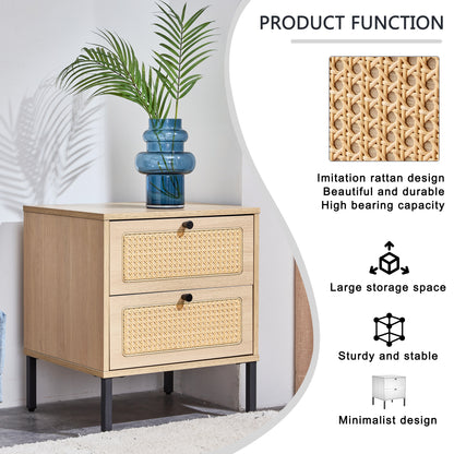 Modern simple storage cabinet MDF Board bedside cabinet Japanese rattan bedside cabinet Small household furniture bedside table.Applicable to dressing table in bedroom, porch, living room.2 Drawers