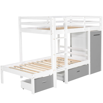 Twin over Twin Bunk Bed with Built-in Storage Wardrobe and Two Drawers, White