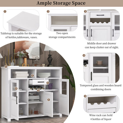 TREXM Retro Sideboard Multifunctional Kitchen Buffet Cabinet with Wine Rack, Drawer and Adjustable Shelves for Dining Room, Living Room (Antique White)