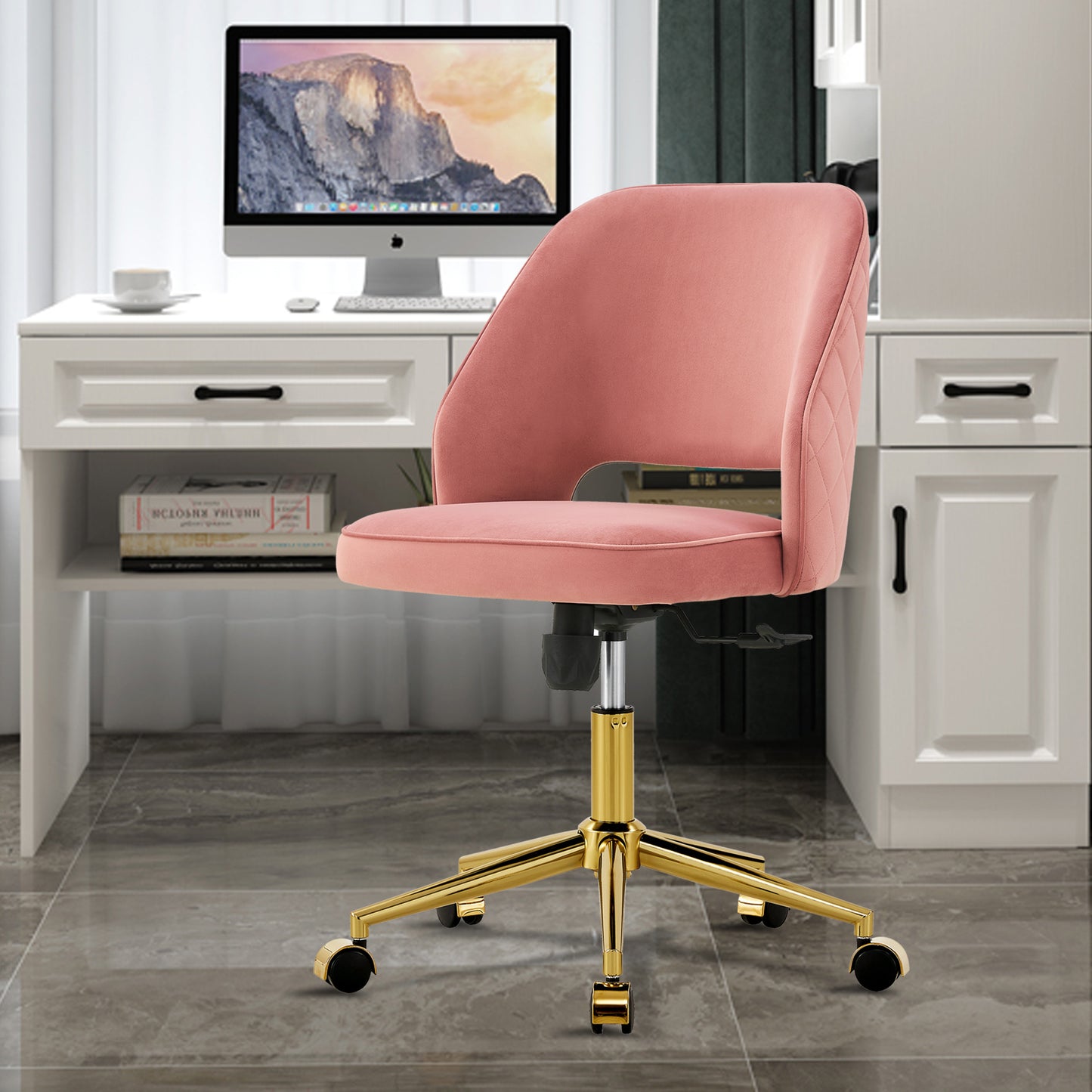 Modern Home Velvet Office Chairs, Adjustable 360 °Swivel Chair Engineering Plastic Armless Swivel Computer Chair With Wheels for Living Room, Bed Room Office Hotel Dining Room .Pink