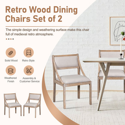 TREXM Retro Wood Dining Chairs Set of 2, Upholstered Chairs with Solid Wood Legs and Frame for Kitchen, Living Room, Dining Room (Natural Wood Wash)