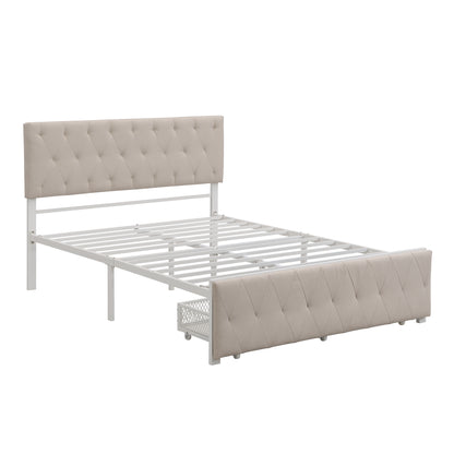 Full Size Storage Bed Metal Platform Bed with a Big Drawer - Beige