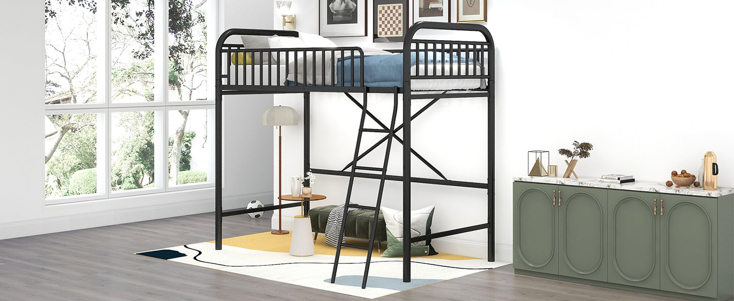 Twin Size Metal Loft Bed, No Box Spring Needed, Black (Old SKU:SM000222AAB)