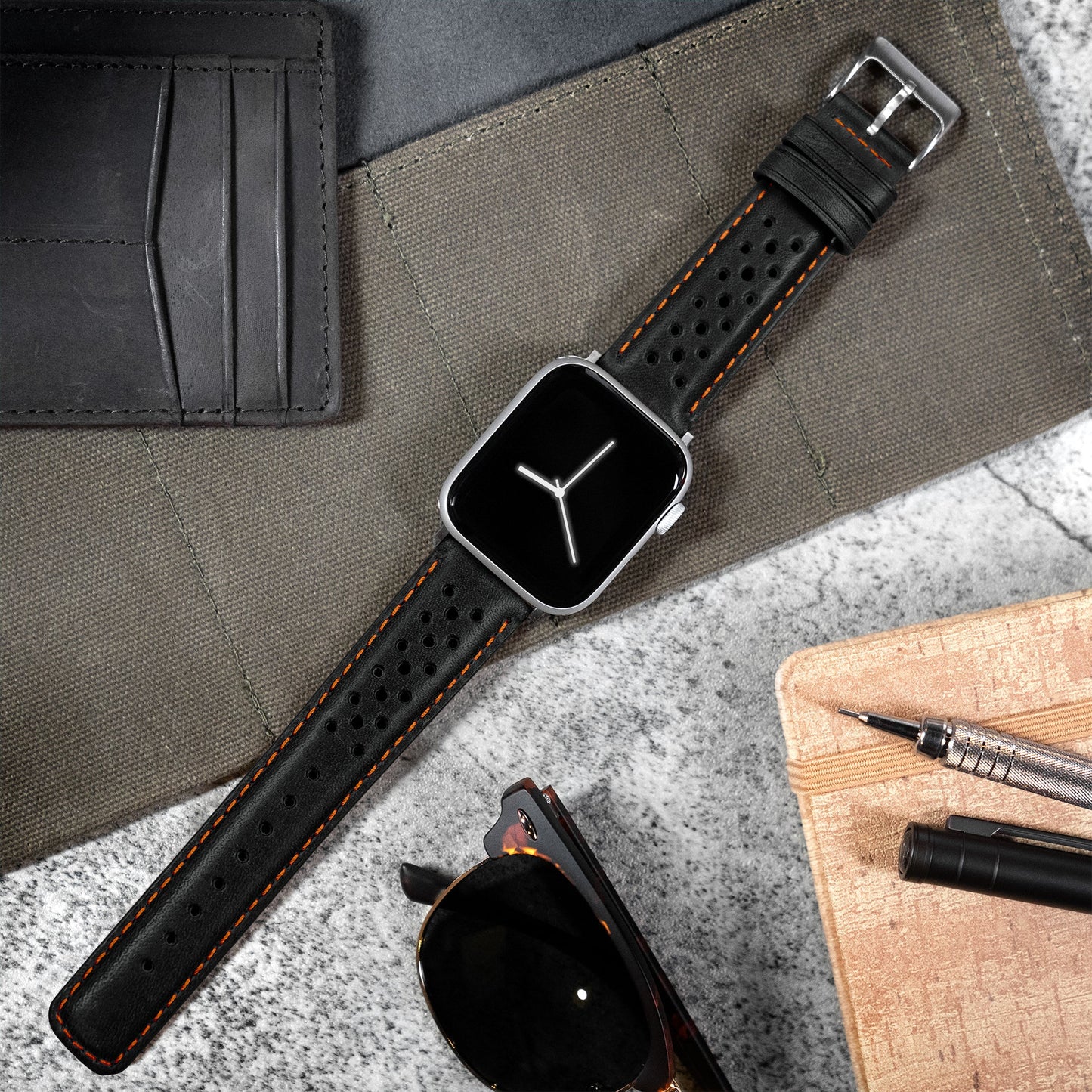 Apple Watch | Black Racing & Orange Stitch Horween Leather by Barton Watch Bands