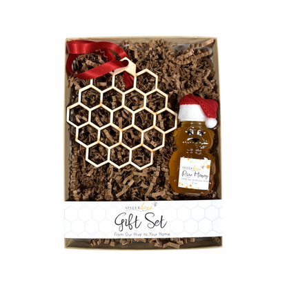 Honeycomb Ornament & Festive Bear Gift Set by Sister Bees