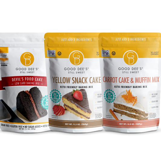 Three Cakes Keto Bundle - Gluten Free and No Added Sugar, 1 Devil's Food, 1 Yellow Snack Cake, 1 Carrot Cake Mix by Good Dee's