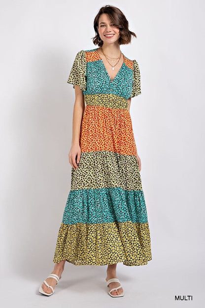 Ditsy floral color block v-neck split button up maxi dress by VYSN