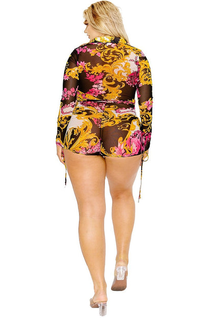 Plus gold & floral pattern print belted romer by VYSN