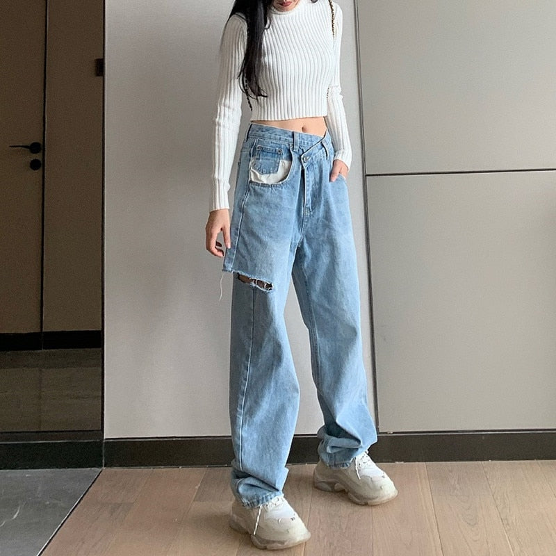 Asymmetrical High Waisted Straight Jeans by White Market