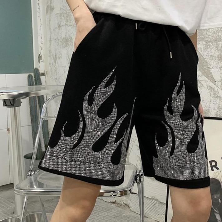 Rhinestone Flame Shorts by White Market