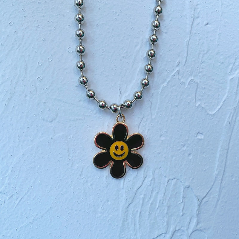 Black Flower Smiley Necklace by White Market