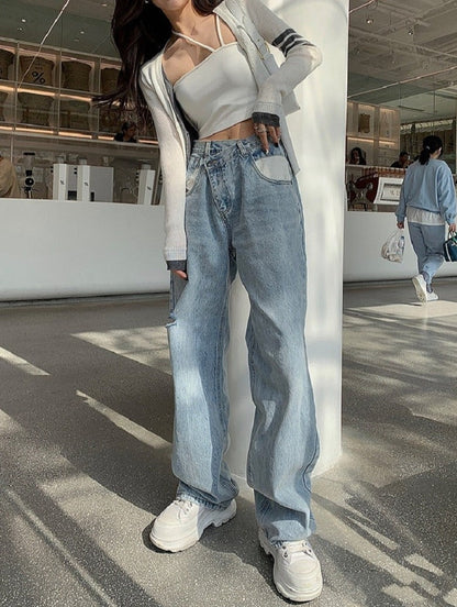 Asymmetrical High Waisted Straight Jeans by White Market