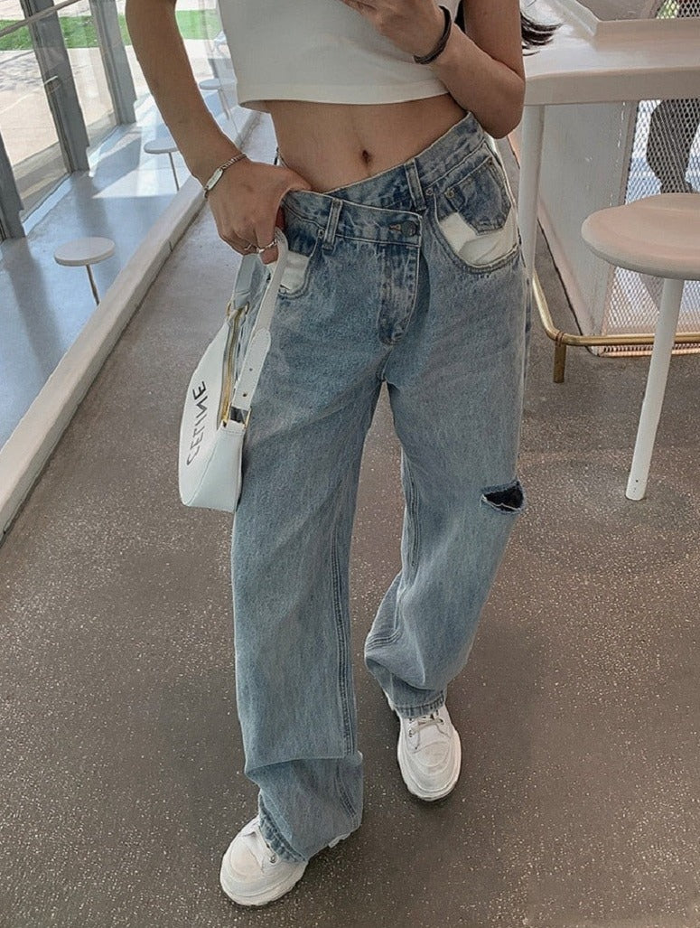 Asymmetrical High Waisted Straight Jeans by White Market