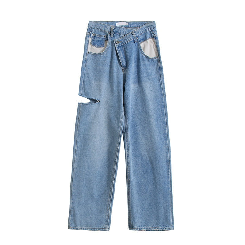 Asymmetrical High Waisted Straight Jeans by White Market