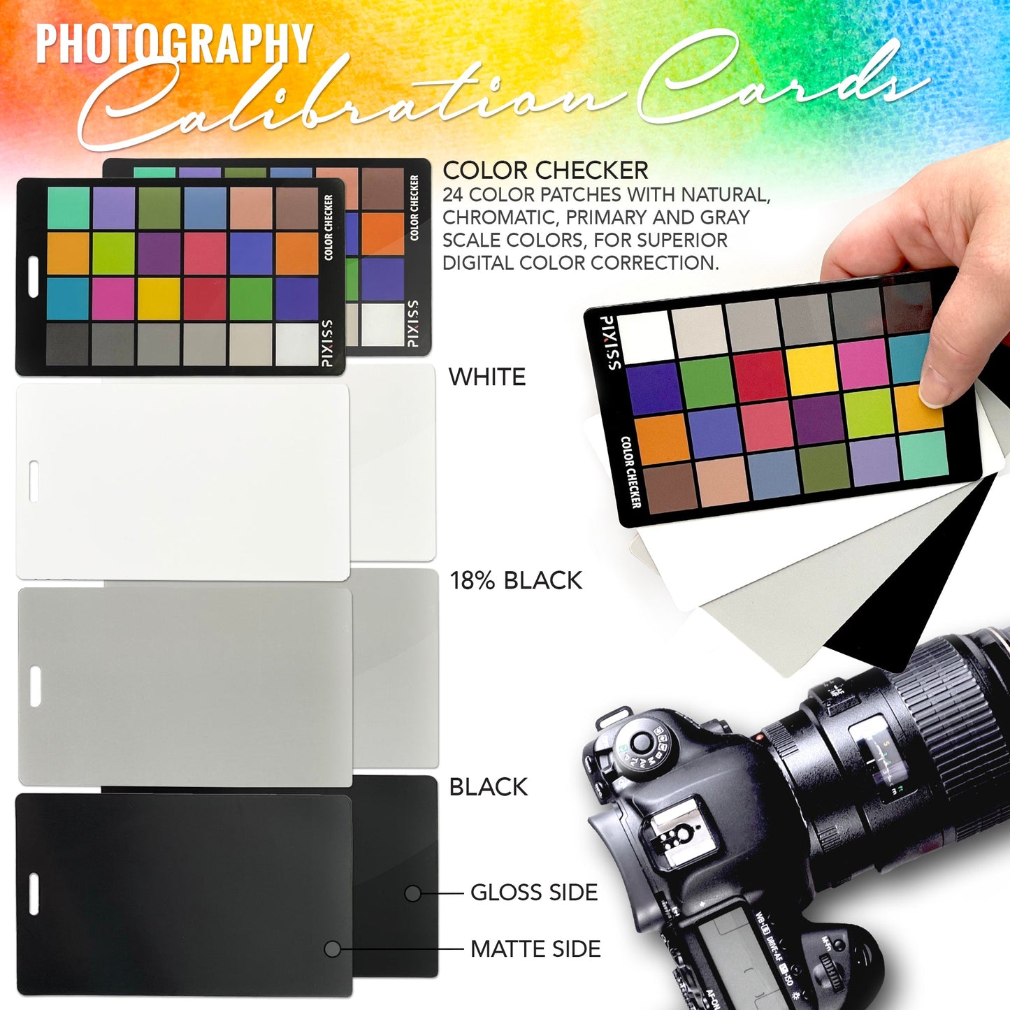 PIXISS Photography Calibration Cards with Lanyard and Lens Cloth by Pixiss