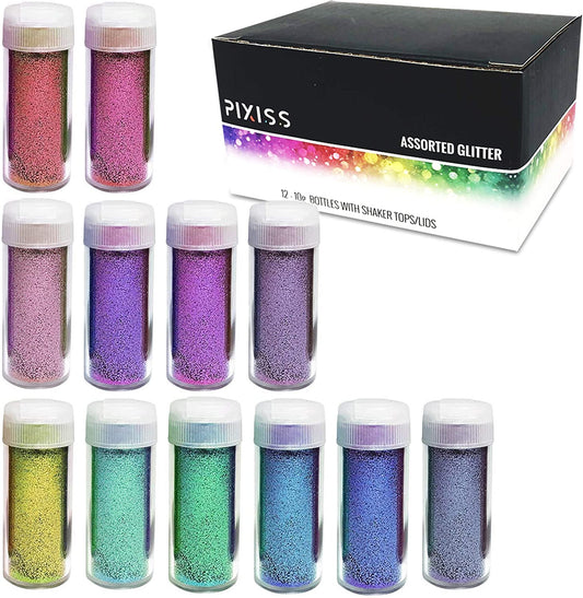 PIXISS Assorted Glitter Set 12 Pack - 10g. Shaker Bottles by Pixiss