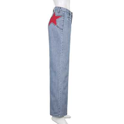 Retro Five Pointed Star Straight Leg Jeans by White Market