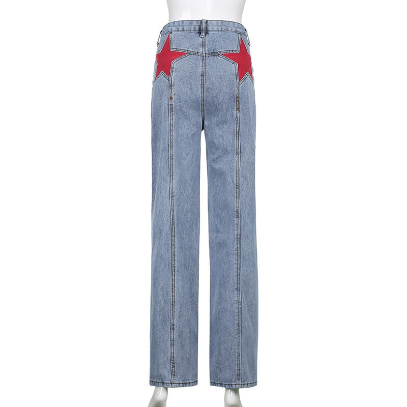 Retro Five Pointed Star Straight Leg Jeans by White Market