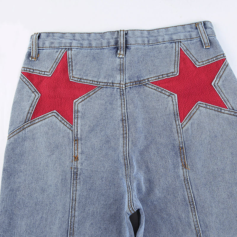 Retro Five Pointed Star Straight Leg Jeans by White Market