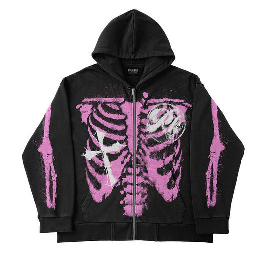 Oversized Skeleton Zip Up Hoodie by White Market