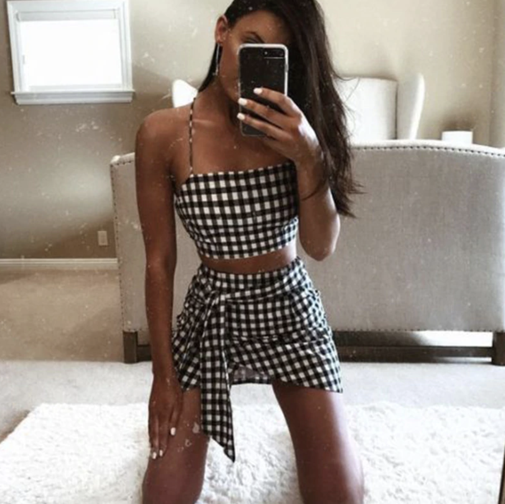 Gingham Crop Top & Mini Wrap Skirt Set (2 Piece) by White Market