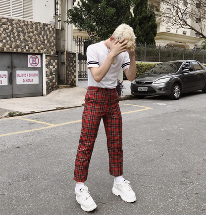 Red Plaid High Waisted Trousers by White Market