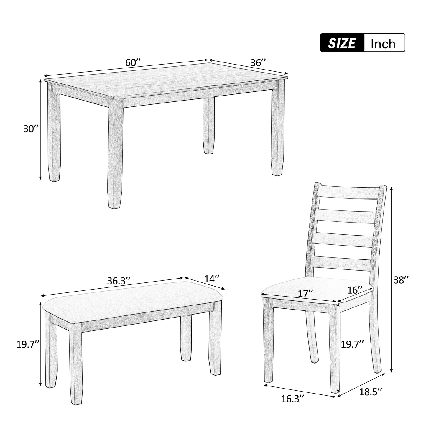 TREXM Rustic Style 6-Piece Dining Room Table Set with 4 Upholstered Chairs & a Bench (Espresso)