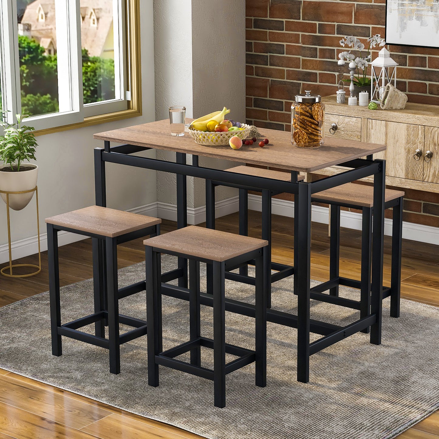 TREXM 5-Piece Kitchen Counter Height Table Set, Dining Table with 4 Chairs (Dark Brown)