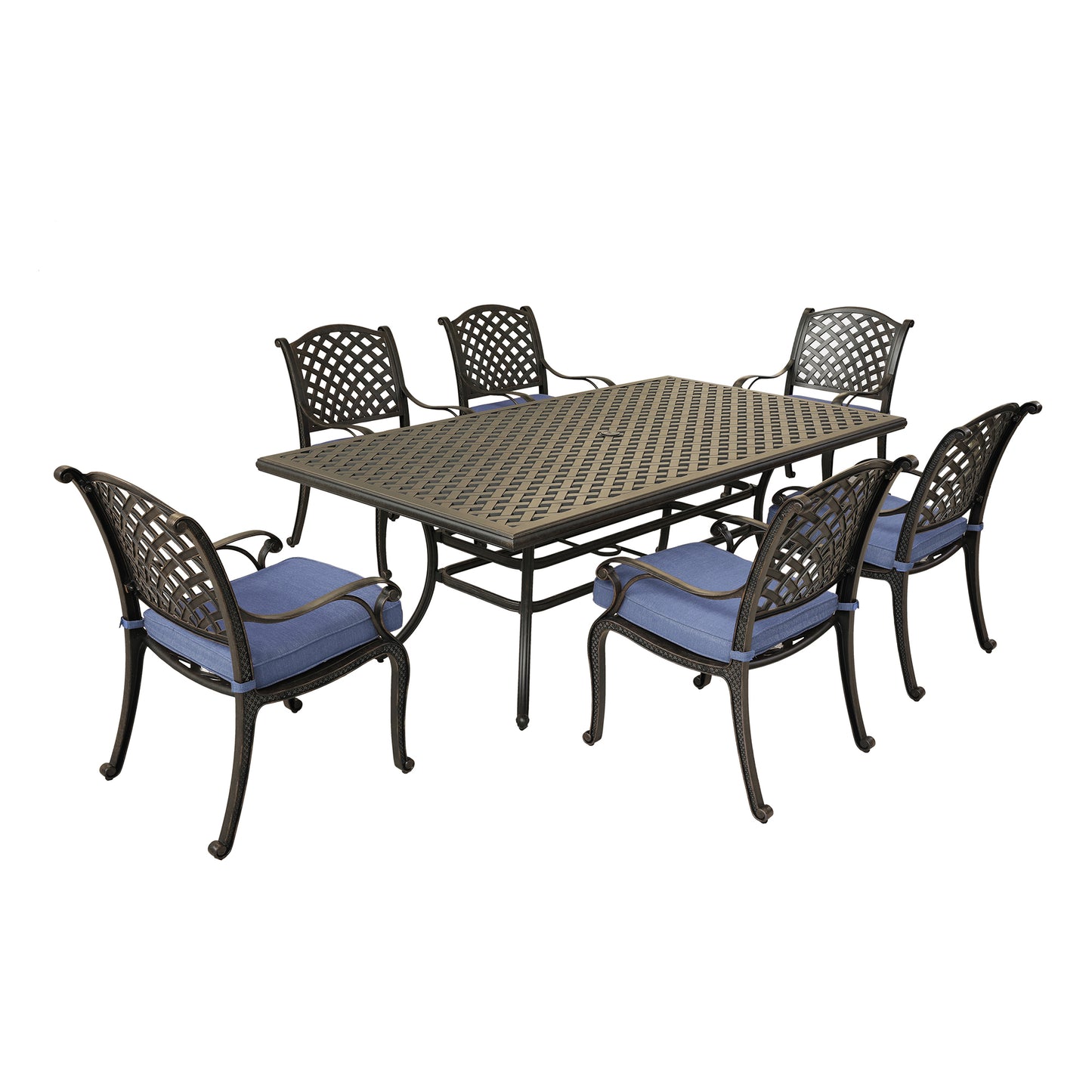 Rectangular 6 - Person 86" Long Aluminum Dining Set with Navy Blue Cushions