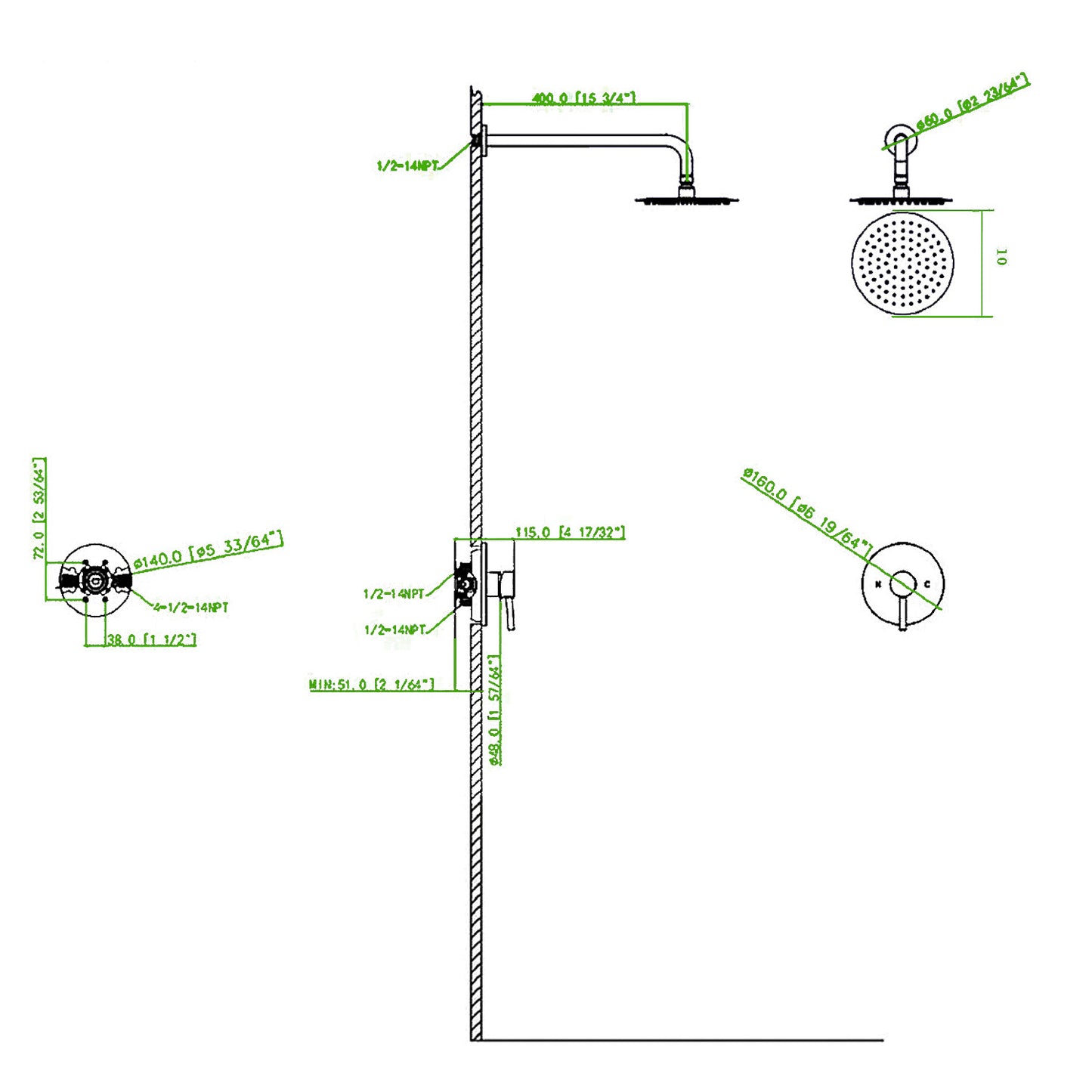 Wall Mounted Shower Faucet in Brushed nickel (Valve Included)