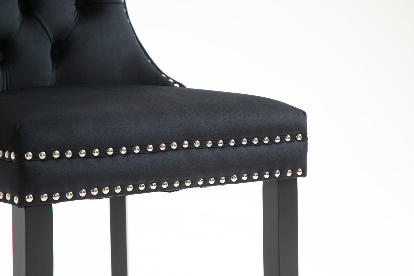 Upholstered Button Tufted Back Black Velvet Dining Chair with Nailhead Trim and Solid Wood Legs 2 Sets