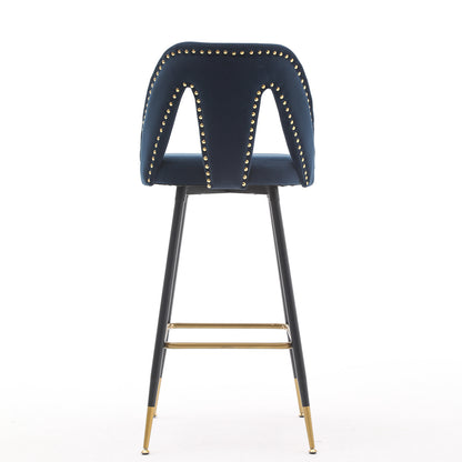 A&A Furniture,Akoya Collection Modern | Contemporary Velvet Upholstered Connor 28" Bar Stool & Counter Stools with Nailheads and Gold Tipped Black Metal Legs,Set of 2 (Blue)