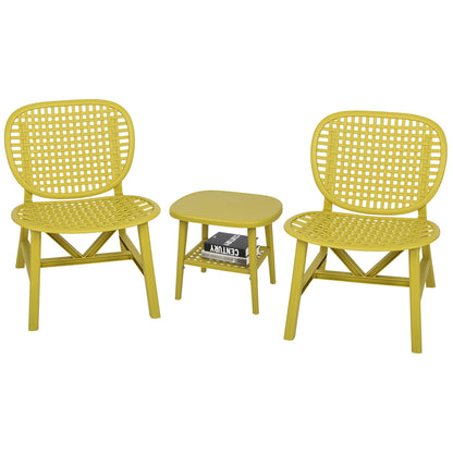 3 Pieces Hollow Design Patio Table Chair Set All Weather Conversation Bistro Set Outdoor Coffee Table with Open Shelf and Lounge Chairs with Widened Seat for Balcony Garden Yard Yellow