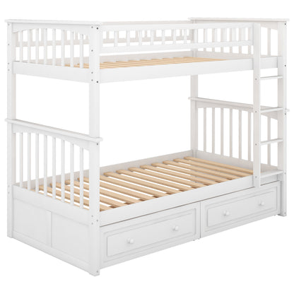 Twin over Twin Bunk Bed with Drawers, Convertible Beds, White