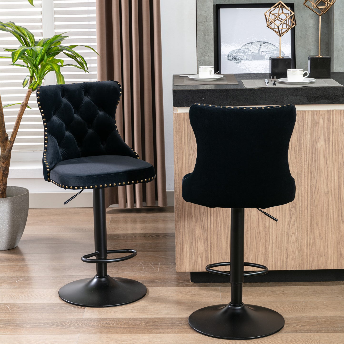 A&A Furniture,Swivel Velvet Barstools Adjusatble Seat Height from 25-33 Inch, Modern Upholstered Bar Stools with Backs Comfortable Tufted for Home Pub and Kitchen Island（Black,Set of 2）