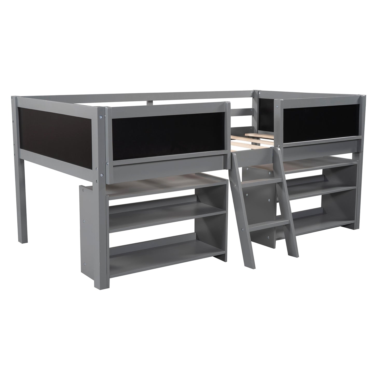 Twin Size Low Loft Bed with Two Movable Shelves and Ladder,with Decorative Guardrail Chalkboard,Gray