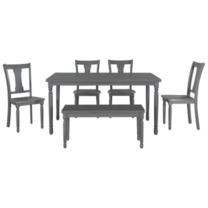 TREXM Classic 6-Piece Dining Set Wooden Table and 4 Chairs with Bench for Kitchen Dining Room (Gray)