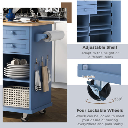 K&K kitchen island cart with Spice Rack, Towel Rack & Drawer,Rubber wood desktop,5 wheels including 4 lockable wheels,52.8inch width (Blue)