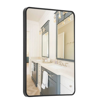 Wall Mount Mirror for Bathroom, Brush Black Metal Framed Rounded Corner Rectangular Vanity Mirror (24" x 36", Black)